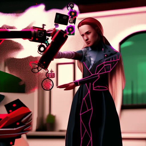 3518018574 A witch with a robotic arm trying to unlock the secrets of magic 4k hyperrealistic