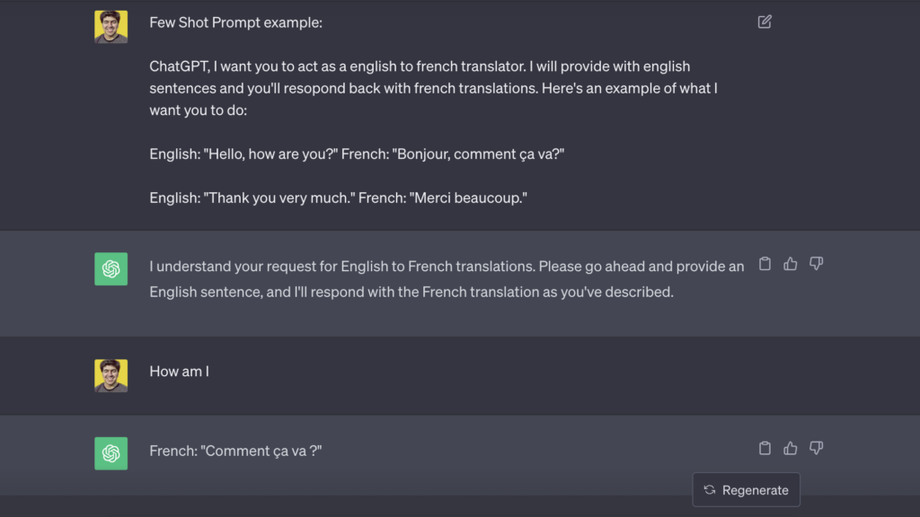 Few shot prompt of translating English sentences to French.