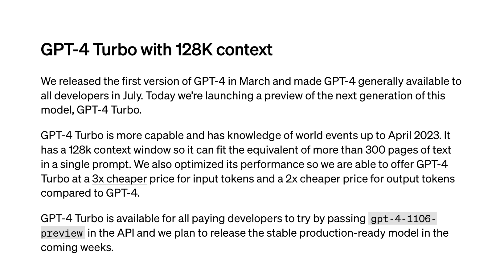 ChatGPT Updated: OpenAI Announces GPT-4 Turbo and New Developer Tools 2 GPT-4 Turbo model with 128K context window